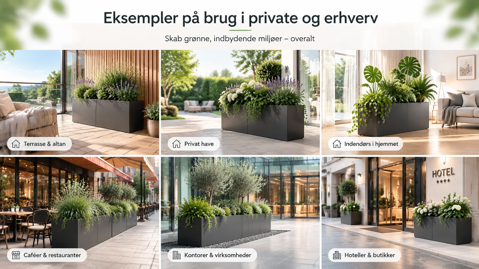 Seks eksempler på sorte plantekummer anvendt i både private boliger og erhvervsmiljøer som hoteller og restauranter.