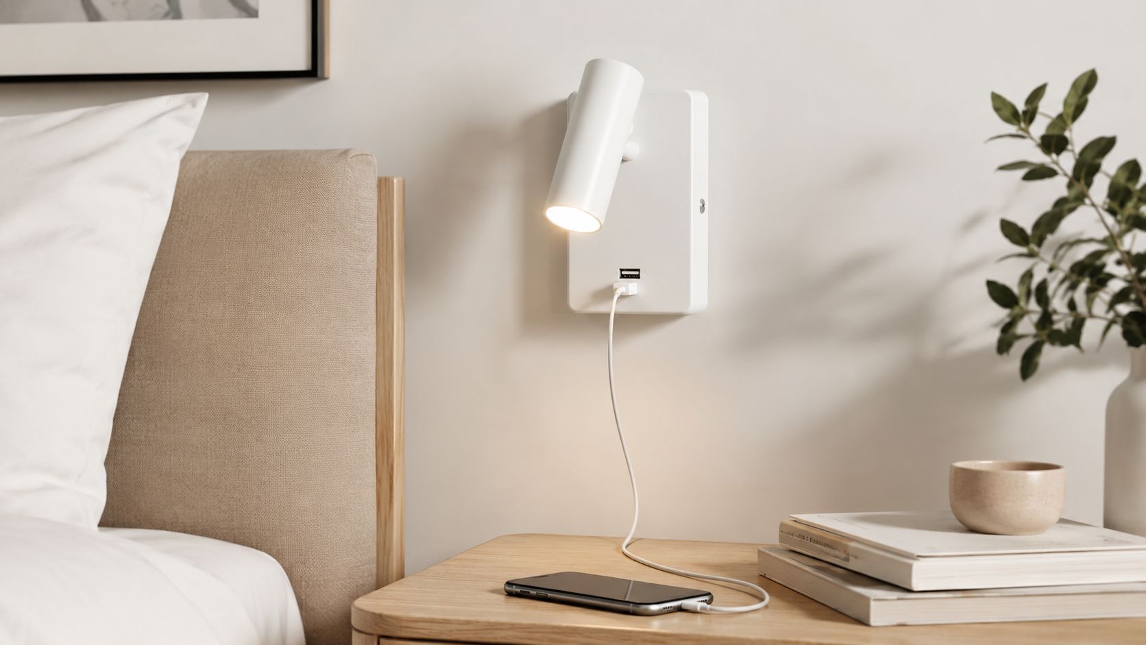 En moderne hvid væglampe monteret ved siden af en seng med indbygget USB-stik til opladning af mobiltelefon.