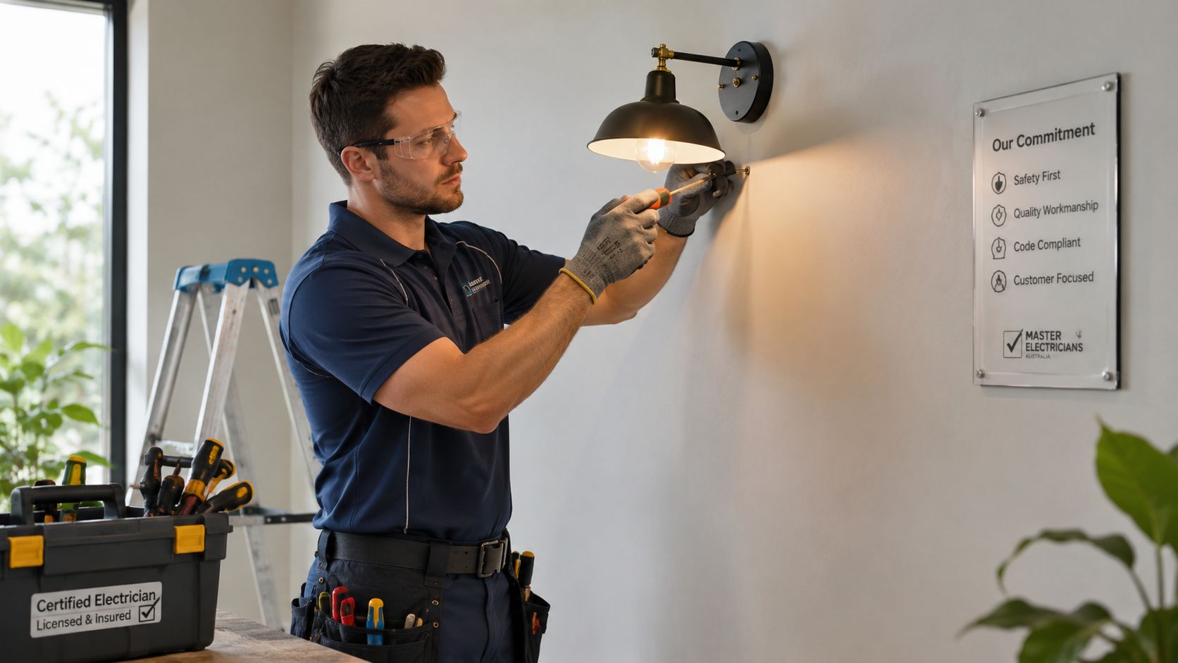 En professionel elektriker i uniform installerer en moderne natlampe på en lys væg i et hjem.
