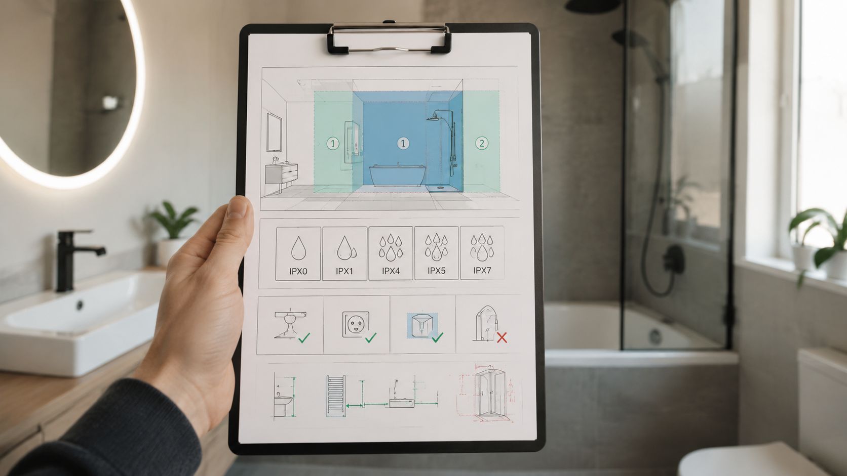 En hånd holder et clipboard med en illustration af badeværelseszoner til korrekt placering af elinstallationer.
