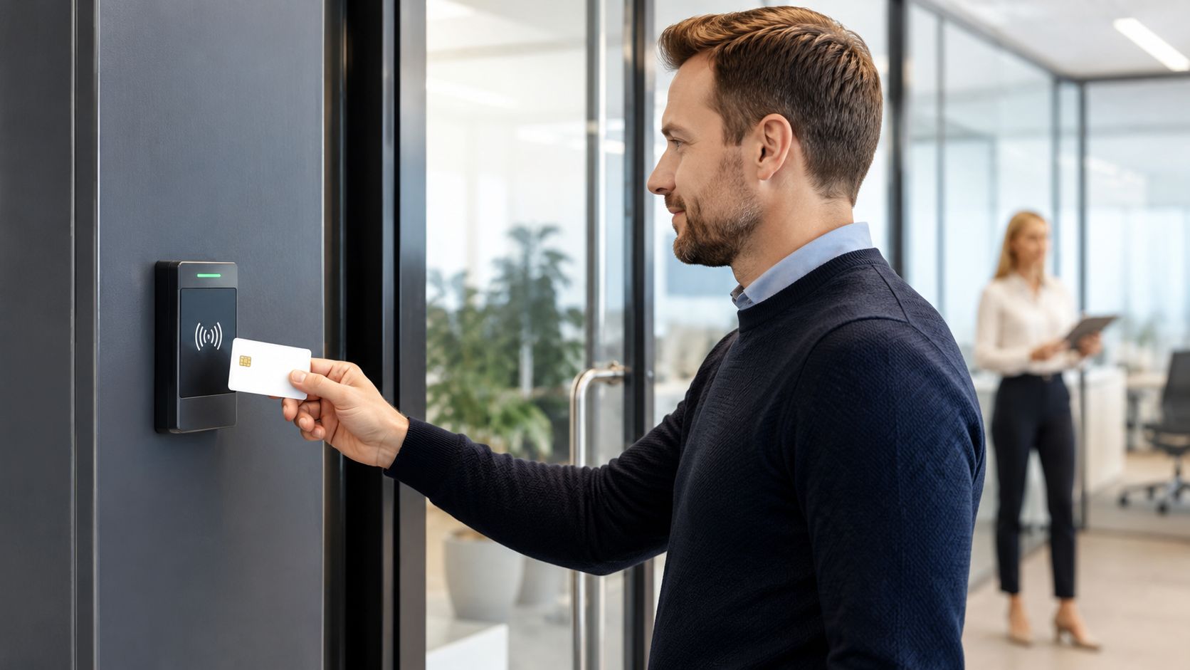 En forretningsmand, der bruger et adgangskort til at låse op for en dør med en elektronisk scanner