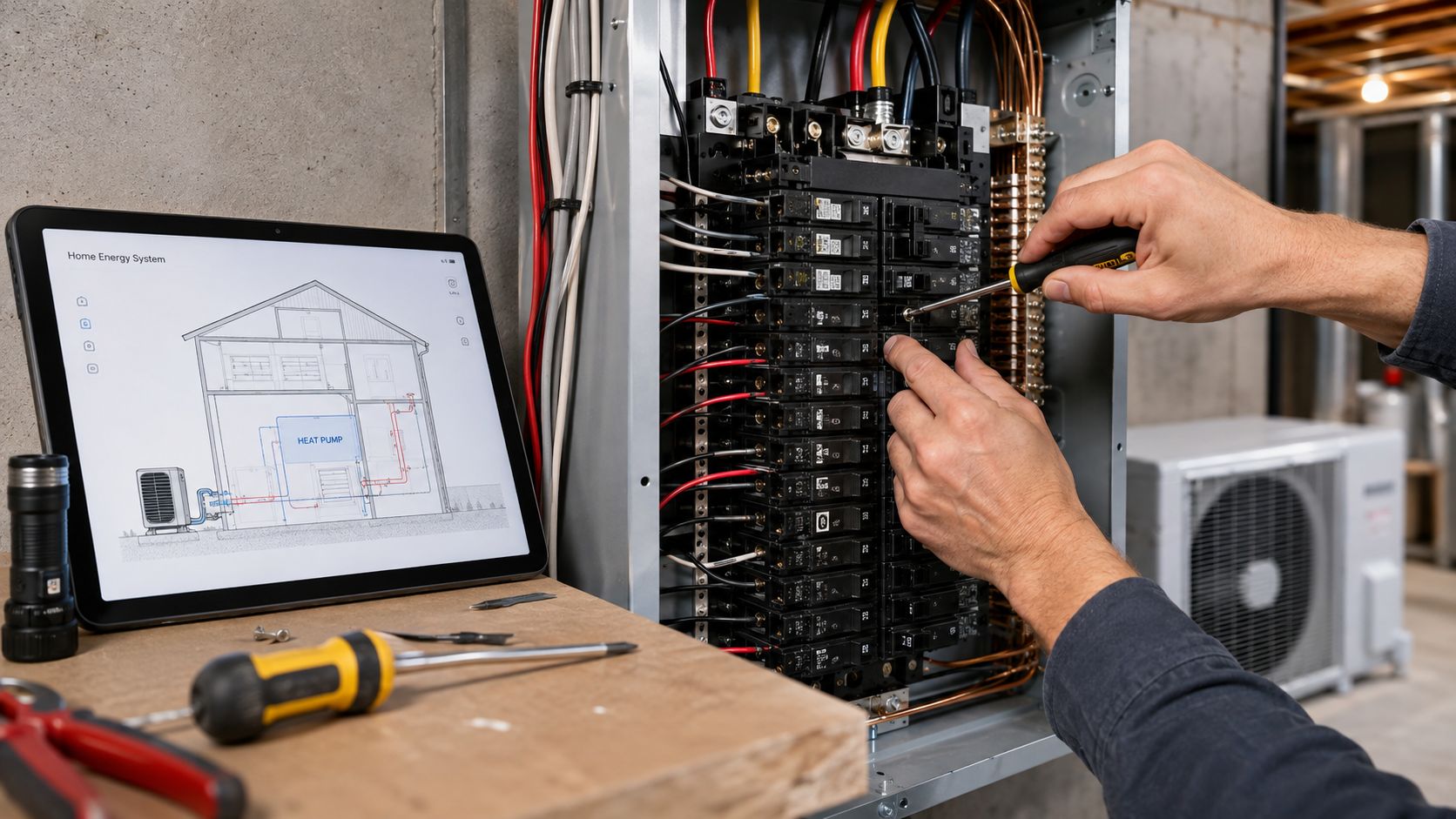 Elektriker der arbejder på et elektrisk sikringspanel ved siden af en tablet med varmepumpediagram.