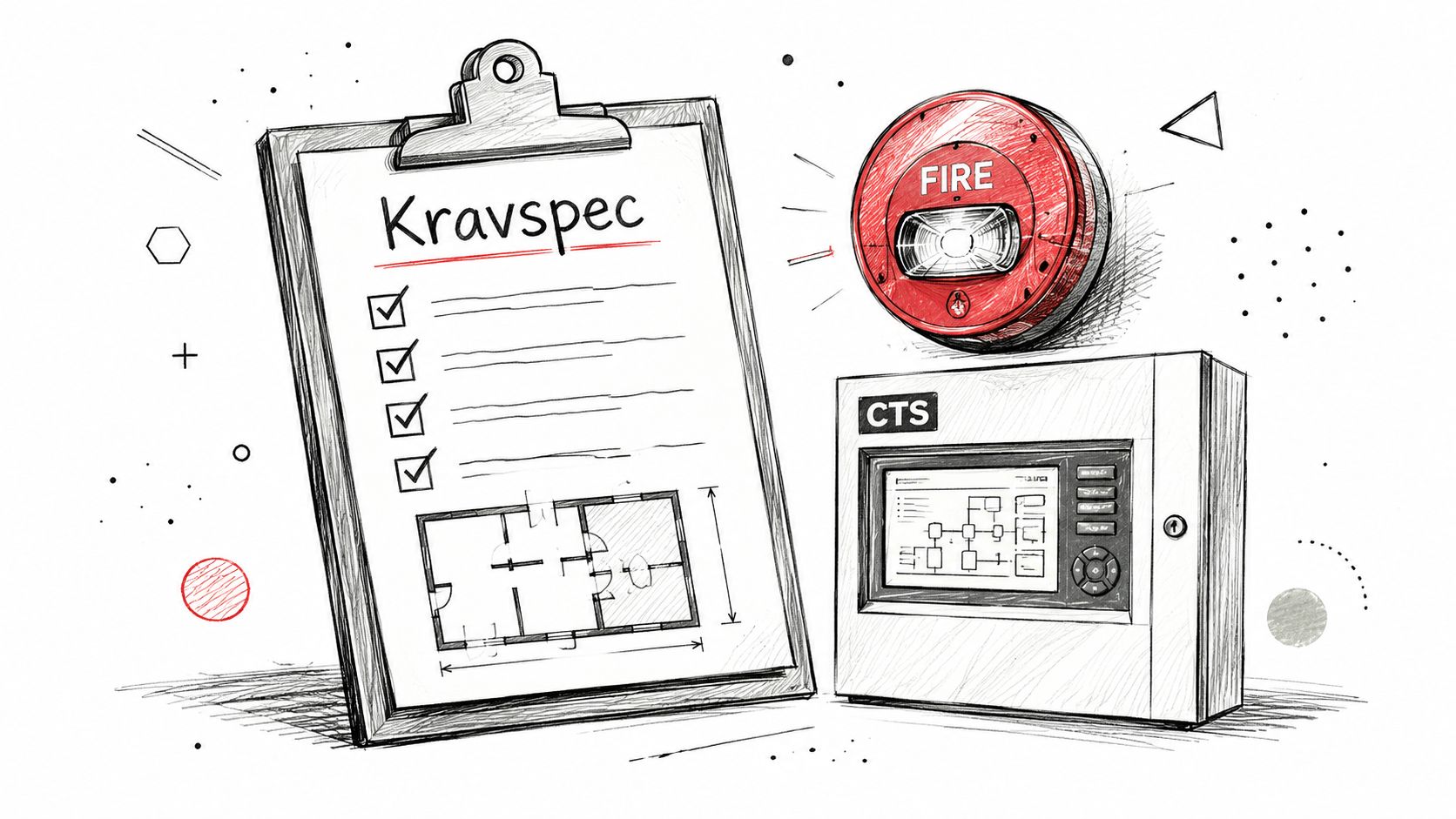 En skitse af en kravspecifikation til brandalarm i erhverv ved siden af et centralapparat og et brandalarm-skilt.