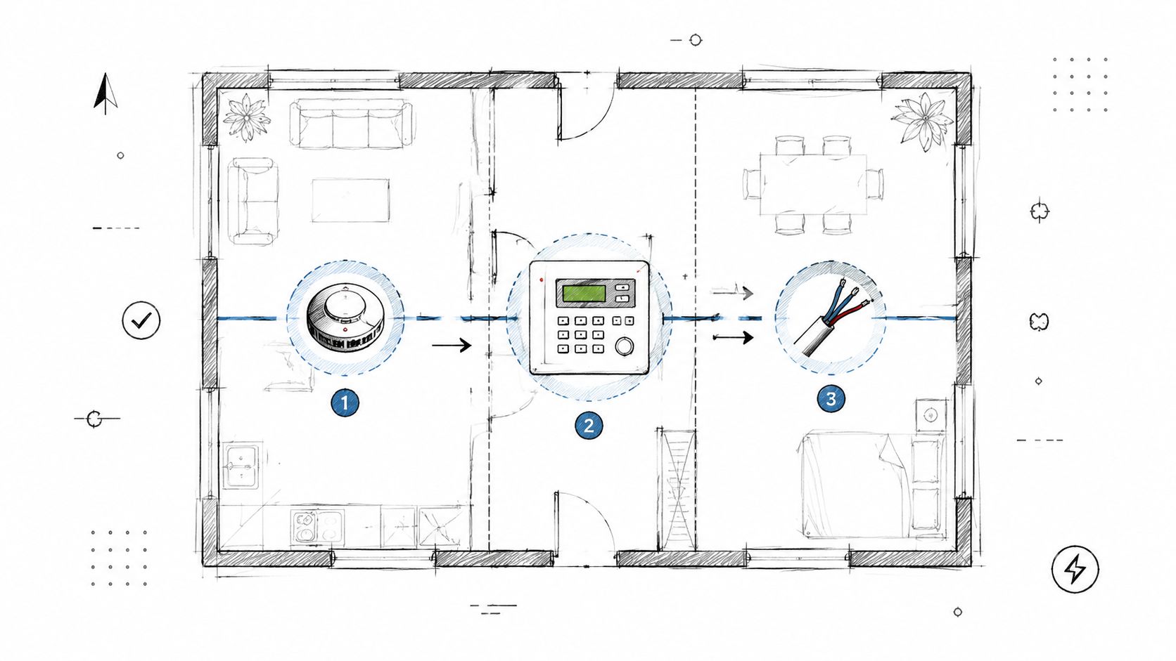 Illustration af et husdesign med brandalarm, kontrolpanel og elektriske ledninger forbundet i en planløsning for erhverv.
