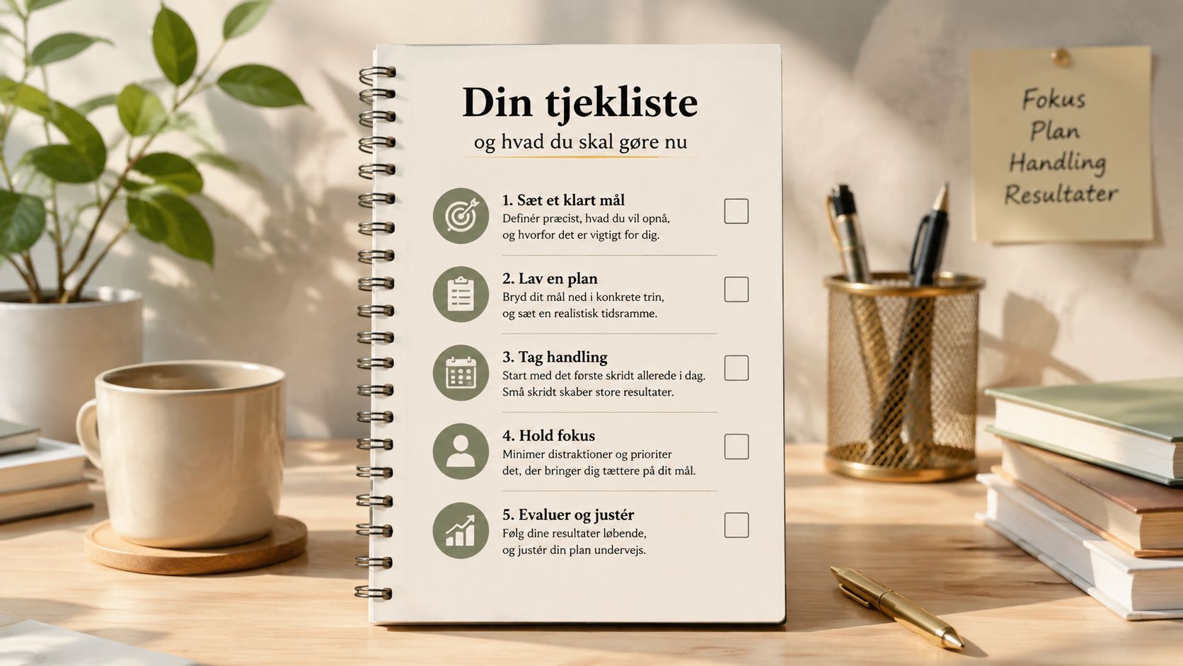 En notesbog med en tjekliste for målsætning og personlig udvikling placeret på et skrivebord med kontorartikler.