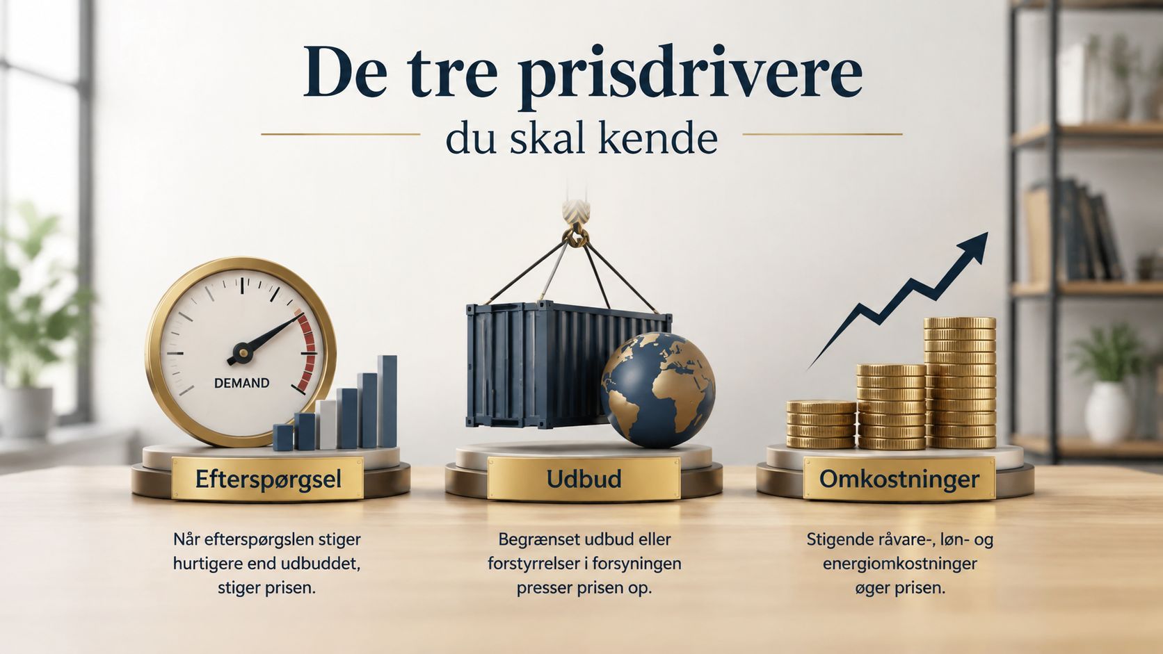 En grafisk oversigt over de tre primære prisdrivere: efterspørgsel, udbud og omkostninger, illustreret med ikoner.