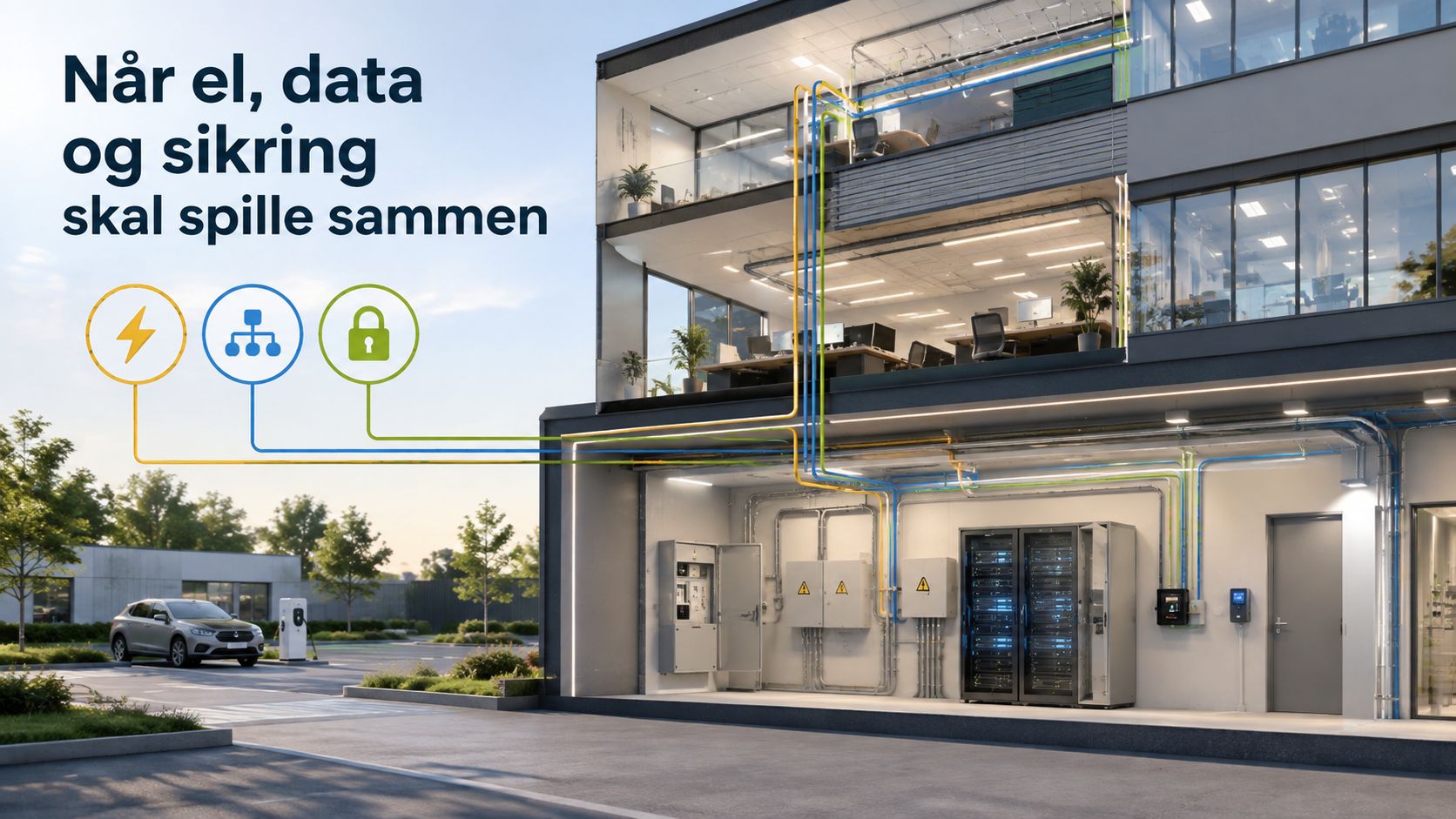 Illustration af moderne kontorbygning med integration af el, data og sikkerhedssystemer for effektiv styring og infrastruktur.