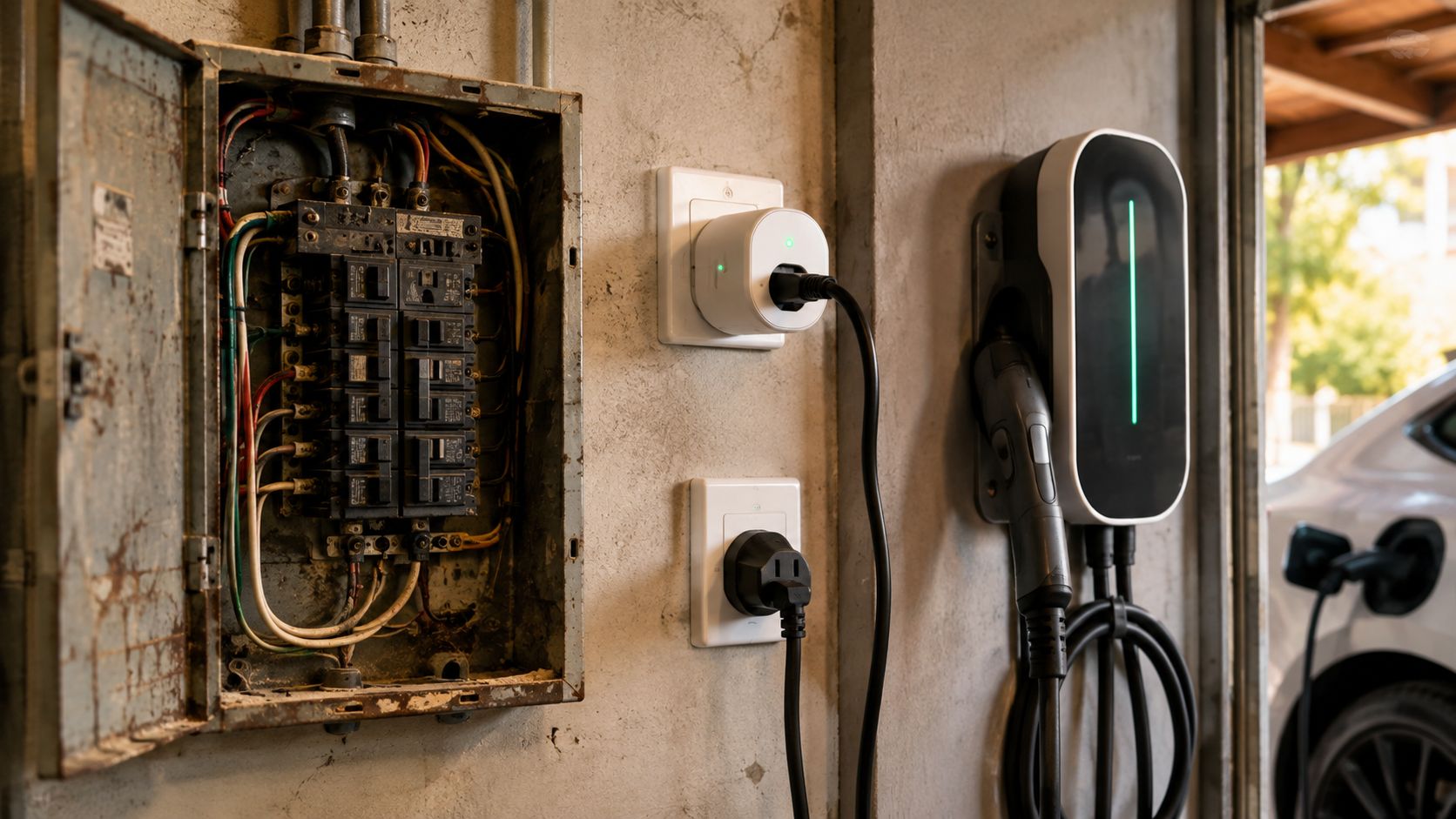 En elektrisk tavle monteret ved siden af en vægmonteret elbiloplader med et tilsluttet stik i en garage.