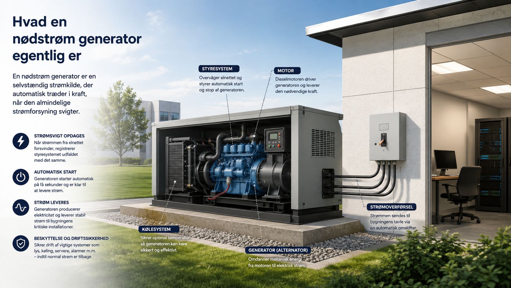 En illustration der forklarer hvordan en nødstrøm generator fungerer og automatisk sikrer strømforsyning ved strømsvigt.