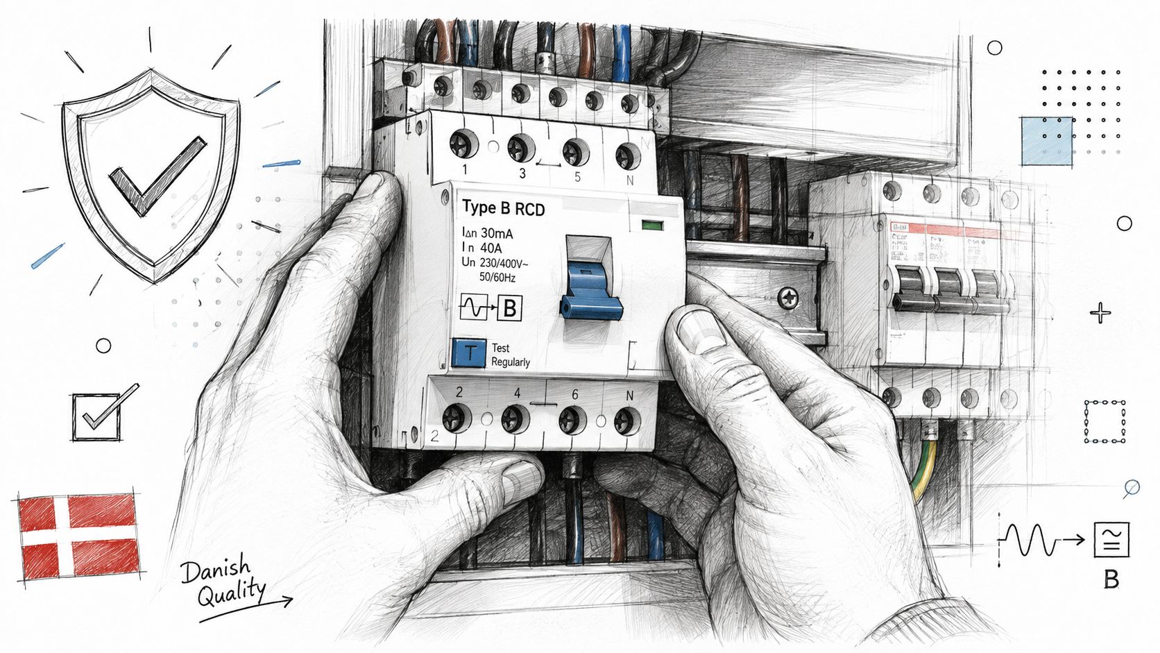 En hånd holder en Type B RCD-afbryder til installation i en eltavle med fokus på sikkerhed.