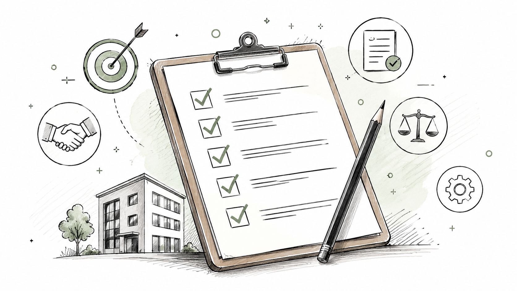 Illustration af en checkliste på en clipboard med ikoner for forretningsmål, jura, samarbejde og teknisk drift i erhvervslivet.