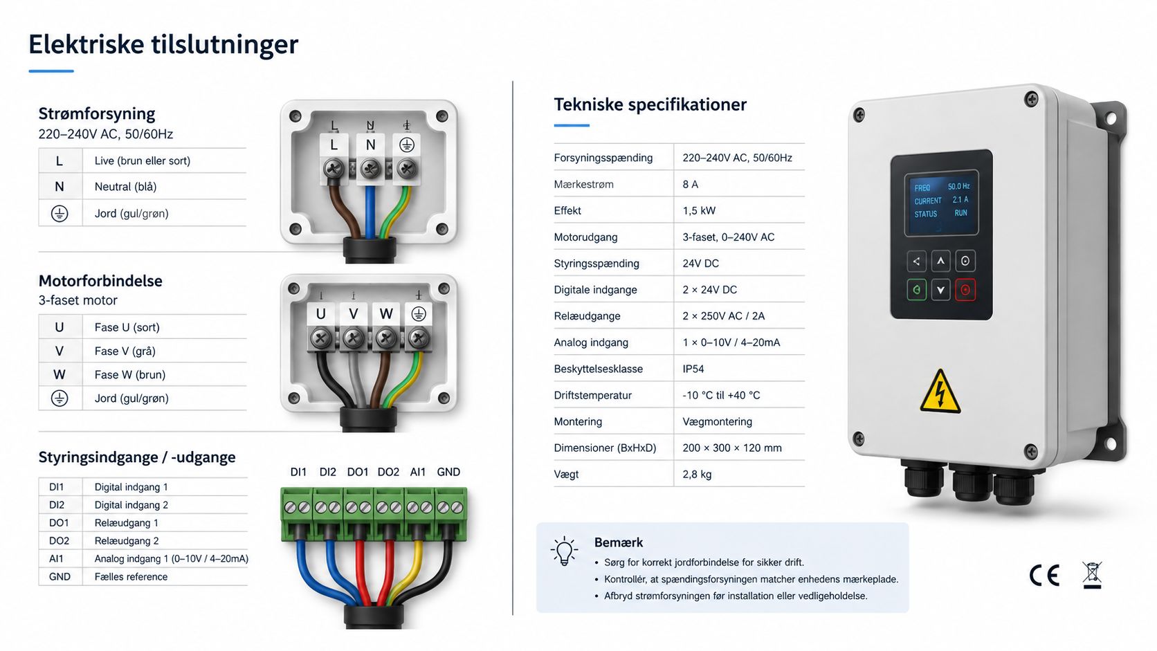 Teknisk diagram over elektriske tilslutninger og specifikationer for en frekvensomformer til installation af generator.