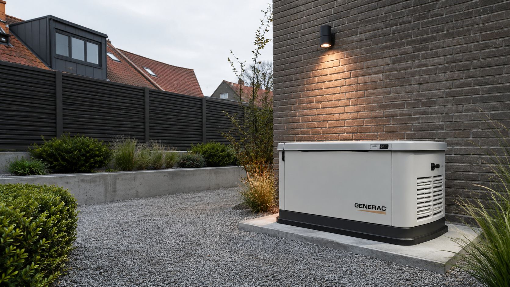 En Generac-generator installeret på en betonbase ved siden af en murstensvæg i en moderne have med grus.