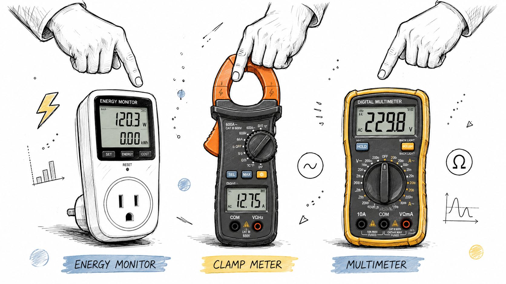 Illustration af en energimåler, et tangamperemeter og et multimeter, der bliver peget på af hænder.