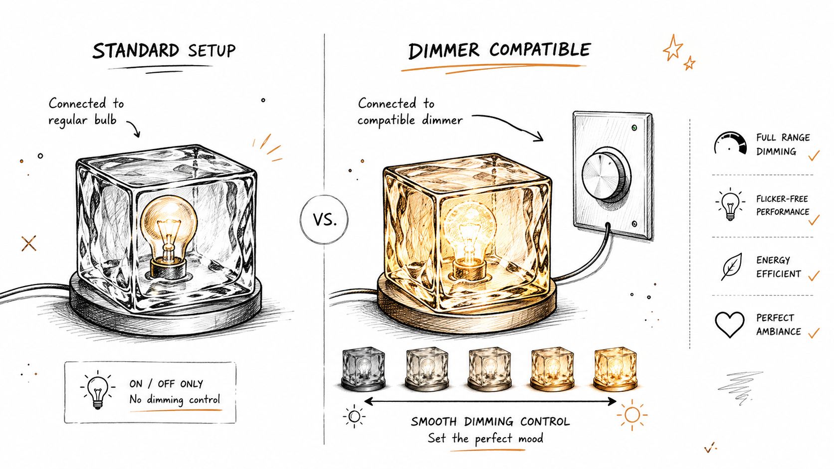 Illustration der sammenligner en almindelig lampe med en dæmpbar isterning-lampe for at vise fordelene ved lysdæmpning.