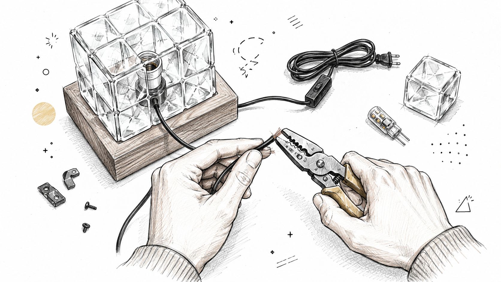 Illustration af hænder, der reparerer en moderne lampe bygget af glasterninger på en træbase med værktøj.