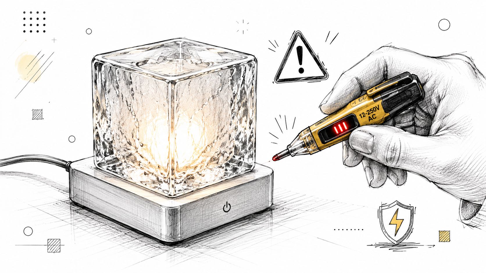 En elektrisk terningformet lampe af glas, der testes med en spændingsdetektor for sikkerhed og elektrisk funktion.