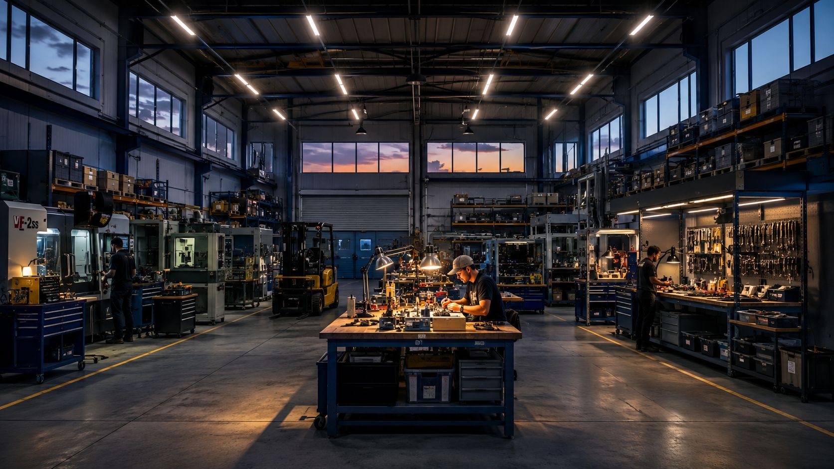 Arbejdere monterer præcisionsdele ved arbejdsborde i et moderne og veloplyst værksted under en smuk solnedgang.