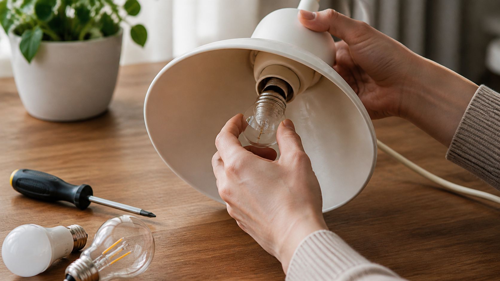En person skifter en glødepære i en hvid lampe, mens værktøj ligger på et træbord ved siden af.