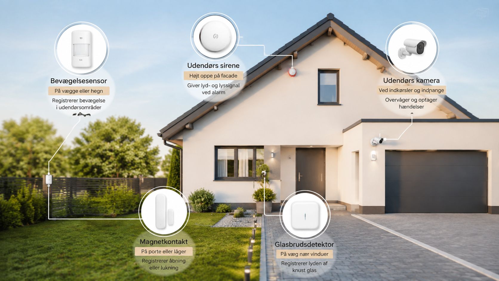 Illustration af et moderne hus udstyret med udendørs sensorer, kameraer og alarmsystemer til effektiv overvågning af boligen.