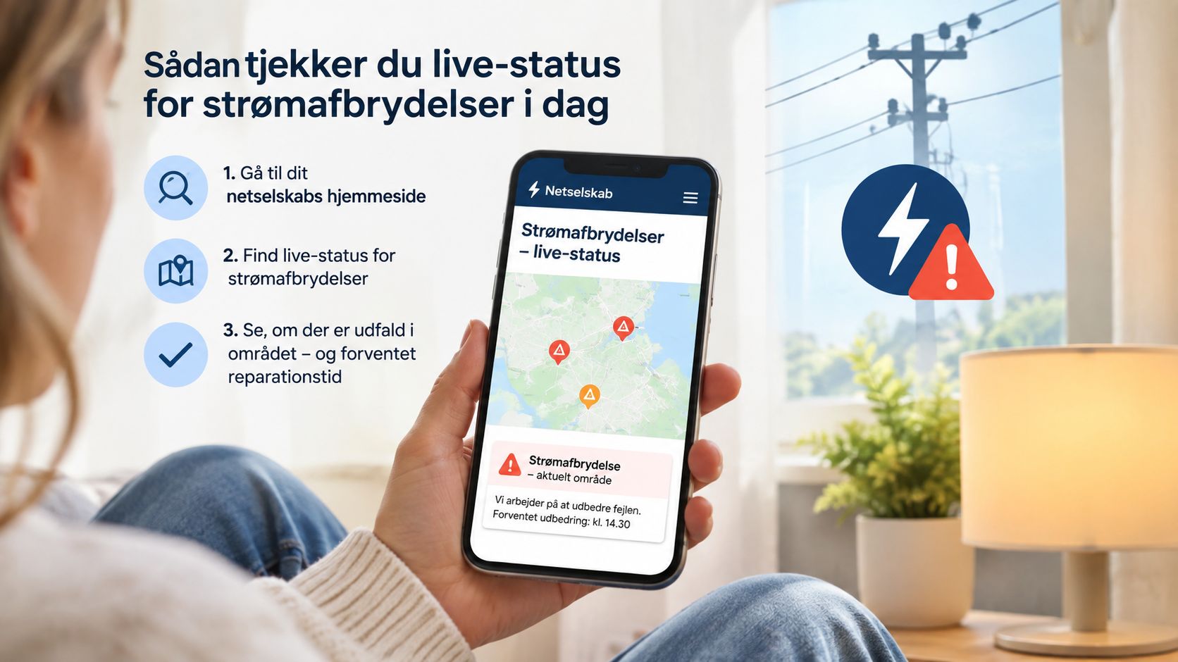 En person holder en smartphone, der viser en live-oversigt over strømafbrydelser på et interaktivt kort.