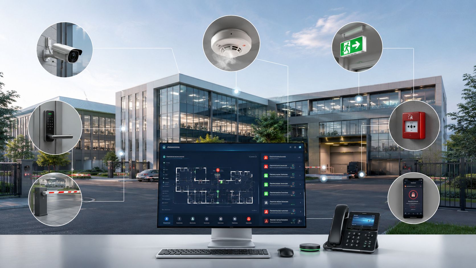 Et avanceret overvågningssystem med røgalarm, adgangskontrol og sikkerhedskameraer styret fra en central computer og mobiltelefon.