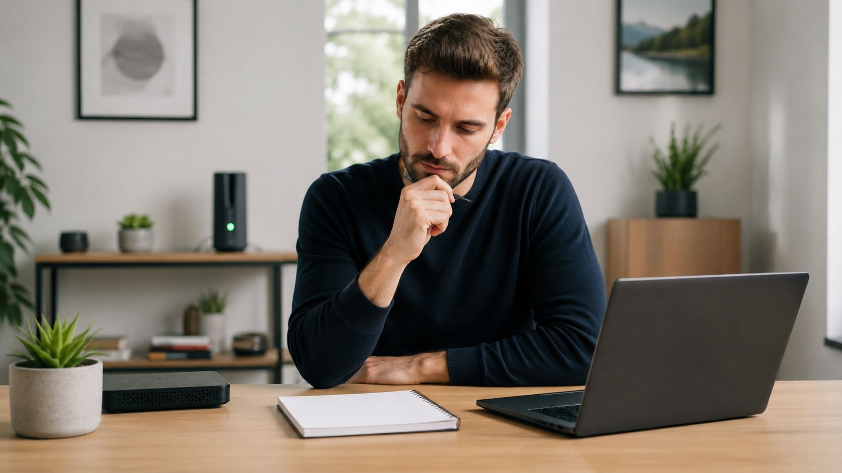 En koncentreret mand sidder ved sit skrivebord med en bærbar computer og en router til wifi installation.