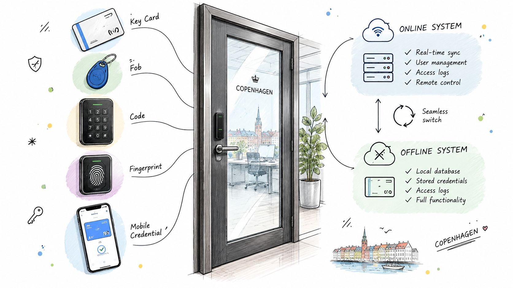 Illustration af adgangskontrolsystem til døre i København med forskellige identifikationsmetoder og online eller offline styringsmuligheder.