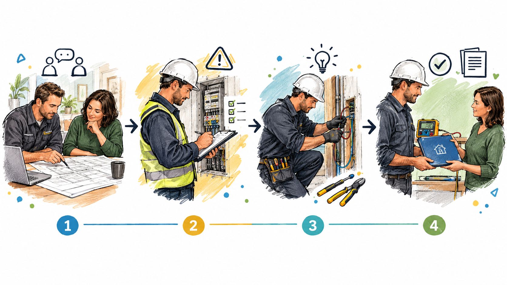 En professionel elektriker fører en dialog med en kunde, inspicerer elinstallationer, udfører reparationer og overdrager dokumentationen for det færdige arbejde.