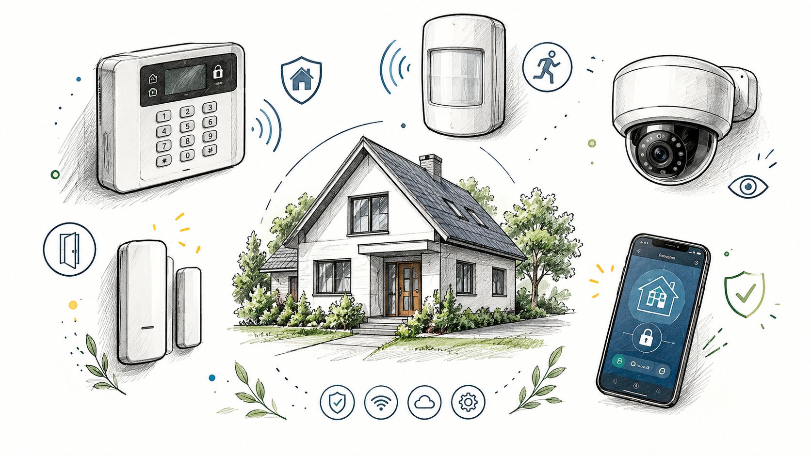 Illustration af et smart sikkerhedssystem til hjemmet med alarmsystem, overvågningskamera og mobilstyring til huset.