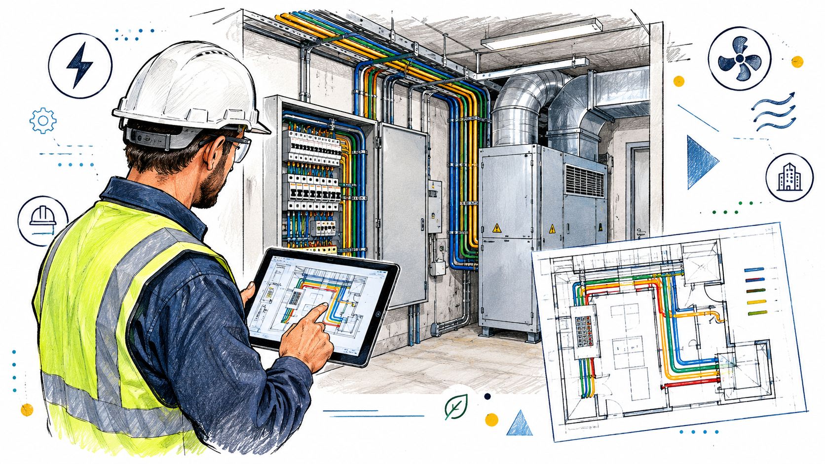 En bygningsingeniør inspicerer komplekse elektriske installationer og HVAC-systemer ved hjælp af en tablet med plantegninger.