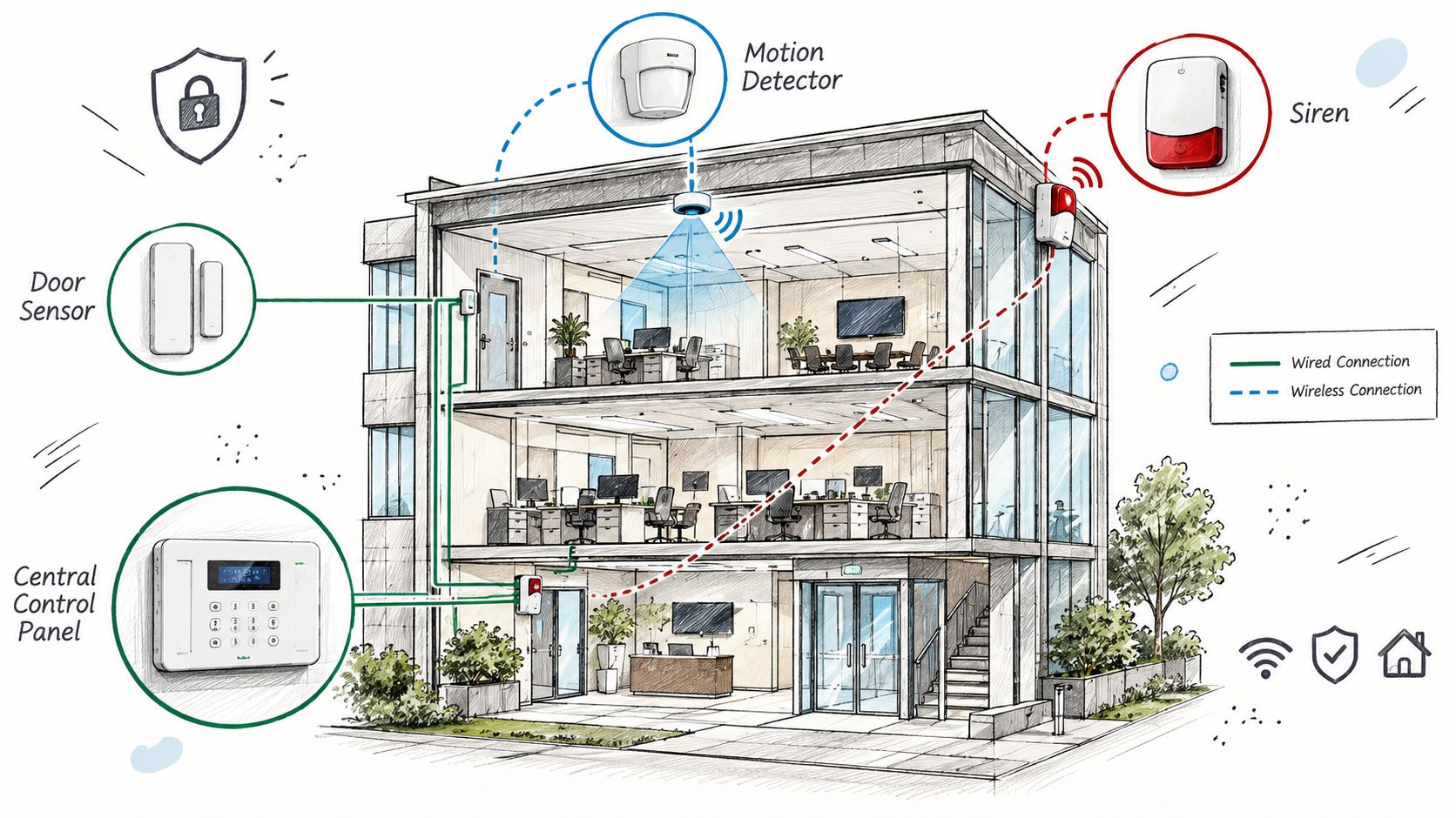 Illustration af et alarmsystem til erhverv med bevægelsessensorer, dørkontakter og kontrolpanel installeret i en moderne kontorbygning.