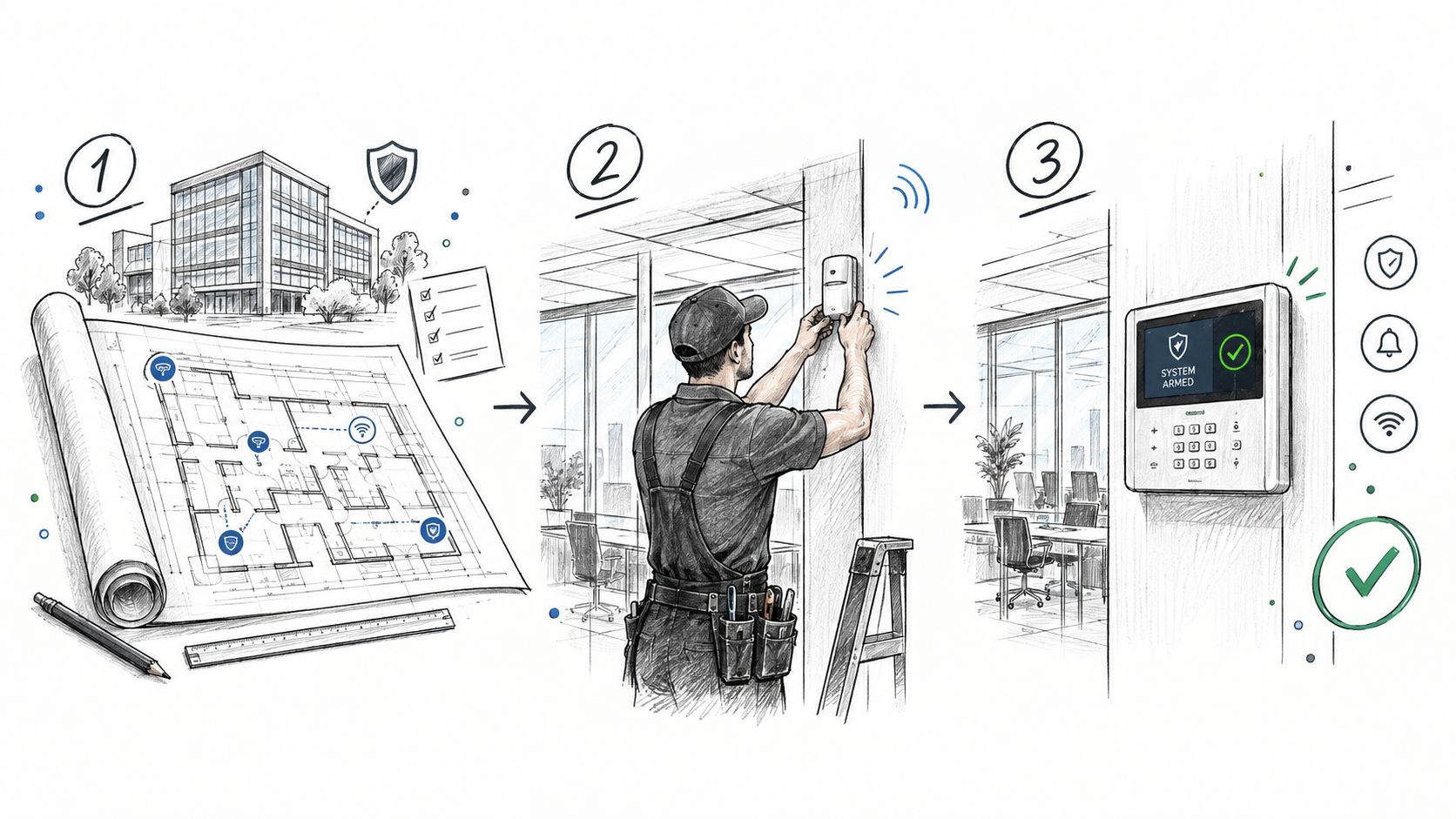 Illustration af tre trin til installation af et professionelt tyverialarmsystem i en moderne erhvervsbygning og kontorlokaler.