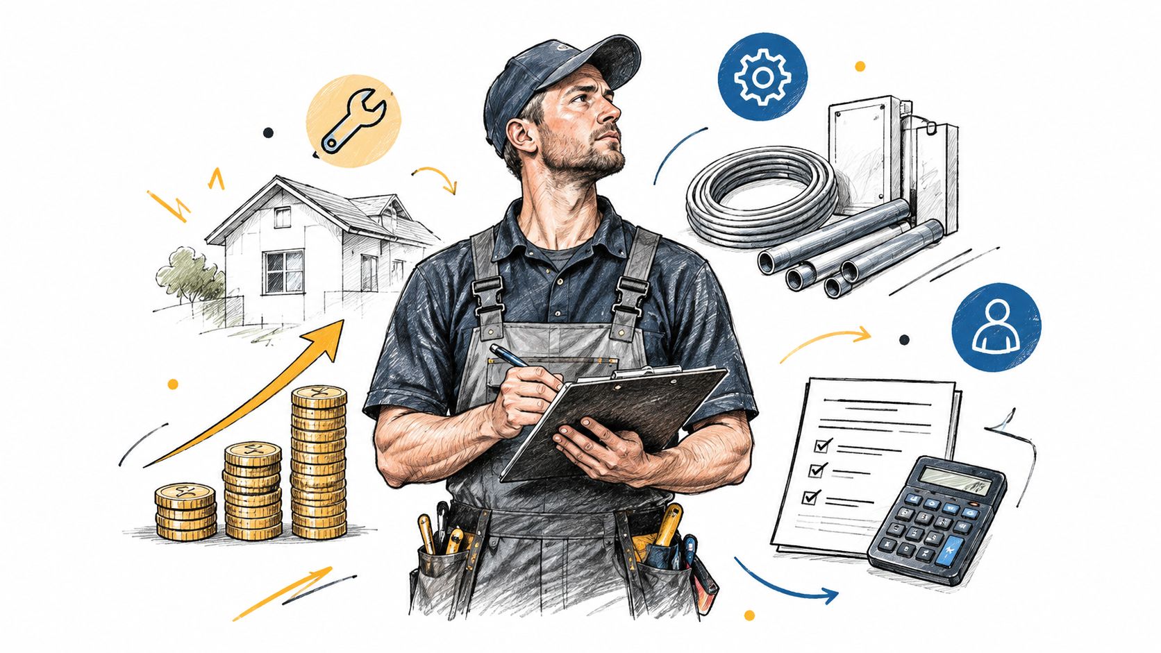 En håndværker inspicerer materialer og beregner prisen for en ladestanderinstallation ved et moderne hus.