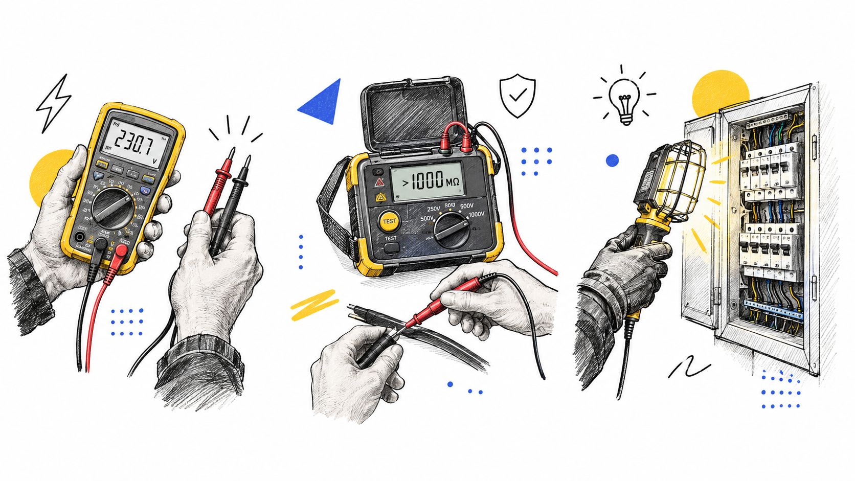 Illustration af en elektriker, der udfører elektriske målinger på et el-panel og bruger forskellige måleinstrumenter.