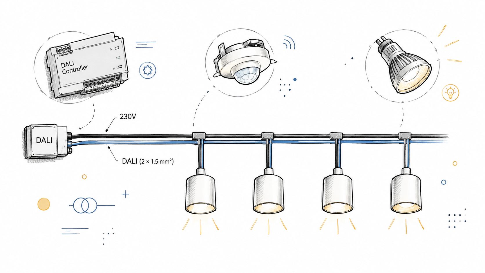 En illustration af et DALI-lysstyringssystem med controller, sensorer, belysningsarmaturer og tilhørende kabelføring for smart belysning.