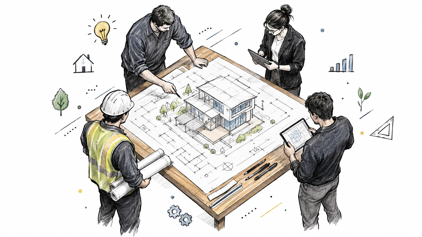 Et hold professionelle arkitekter og ingeniører samarbejder omkring en stor tegning af et moderne husprojekt på bordet.
