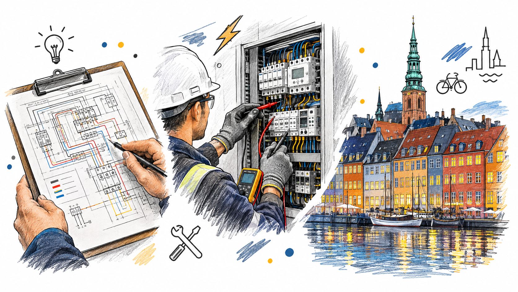 En elektriker arbejder med tekniske tegninger og et elektrisk panel ved siden af Københavns farverige bybillede.
