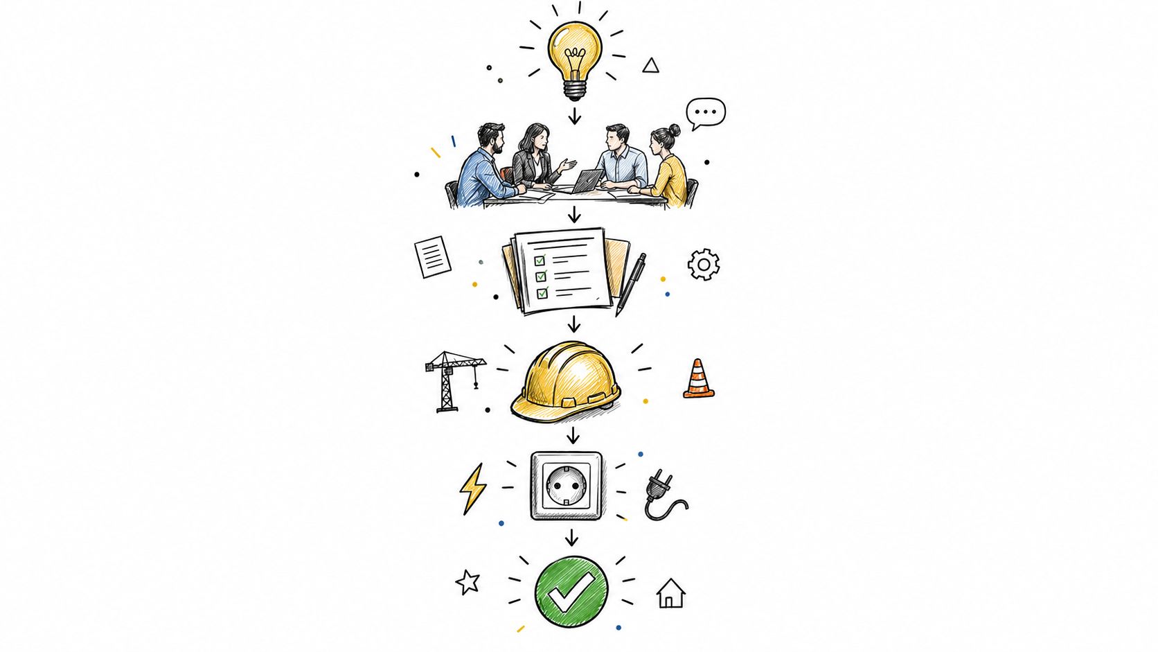 Illustrationsproces der viser vejen fra kreativ idé til færdigbygget elektrisk projekt hos en dansk el-entreprenør.