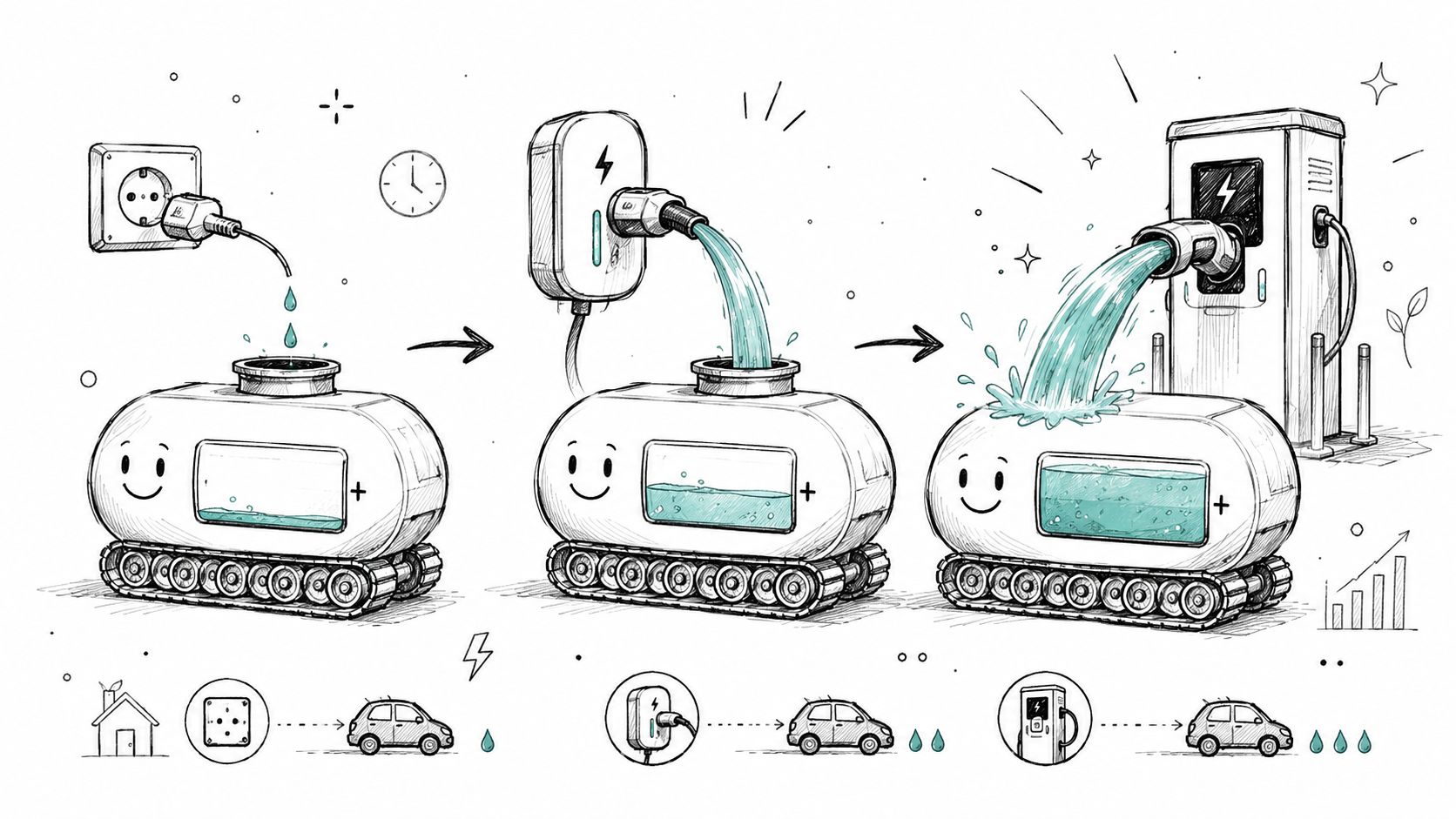 Illustration af udviklingen i ladehastighed for elbiler fra stikkontakt over væglader til hurtigladestation med høj effekt.