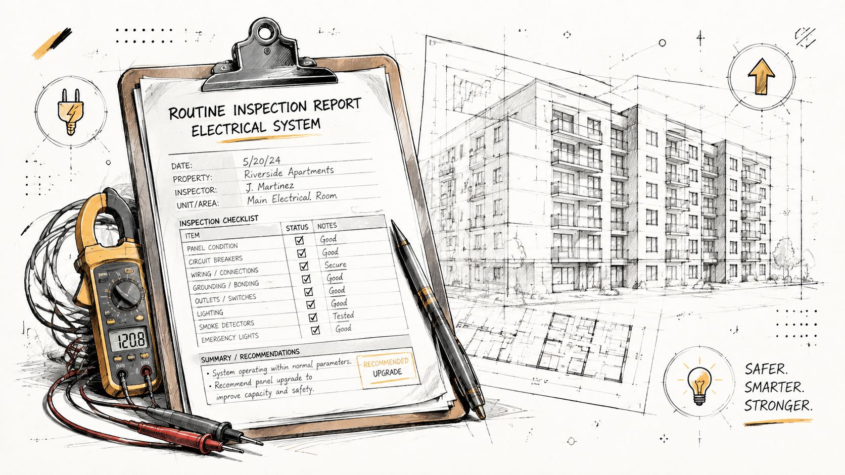 En elektrisk inspektionsrapport på en udklipsholder med en multimeter og en skitse af en boligblok.