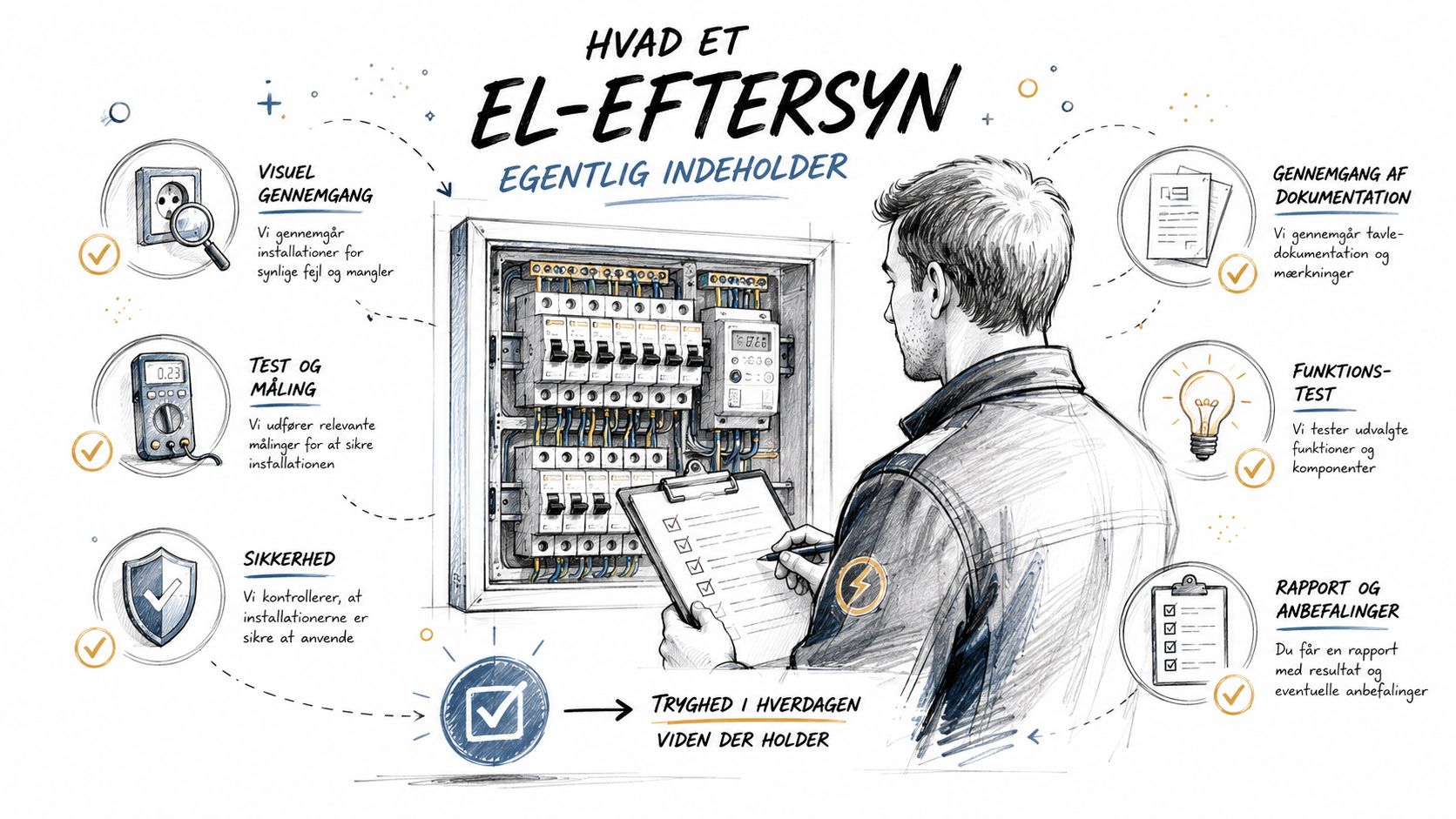 En illustration af en elektriker, der udfører et grundigt el-eftersyn af en elektrisk tavle i et hjem.