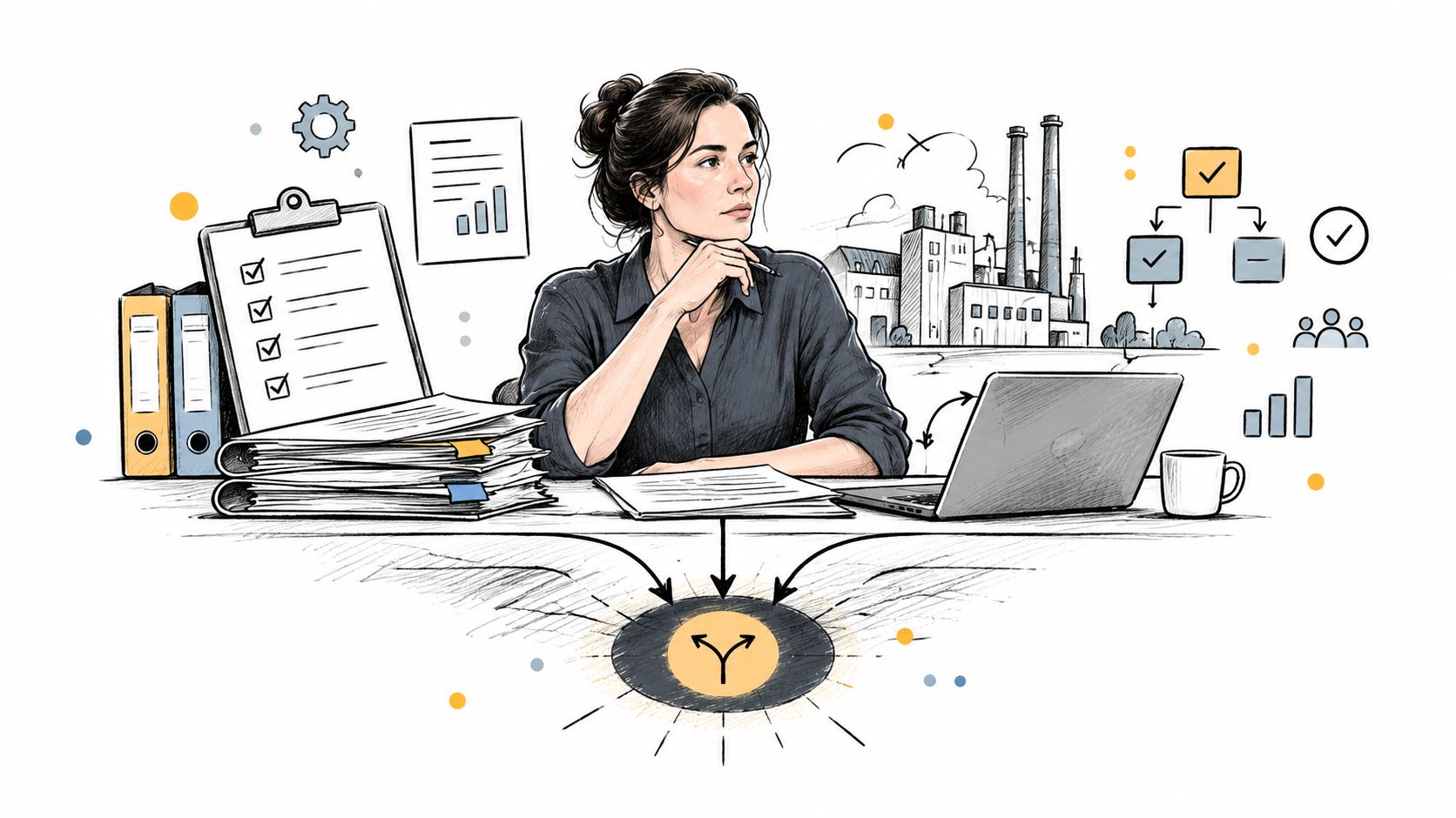 En forretningskvinde sidder ved sit skrivebord med dokumenter, bærbar computer og illustrationer af industriel drift og procesoptimering.