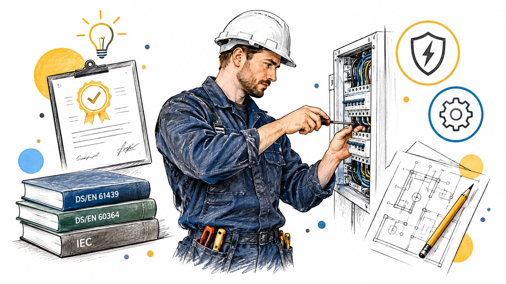 En elektriker arbejder fokuseret med et elektrisk panel, understøttet af tekniske manualer, tegninger og sikkerhedscertificeringer.