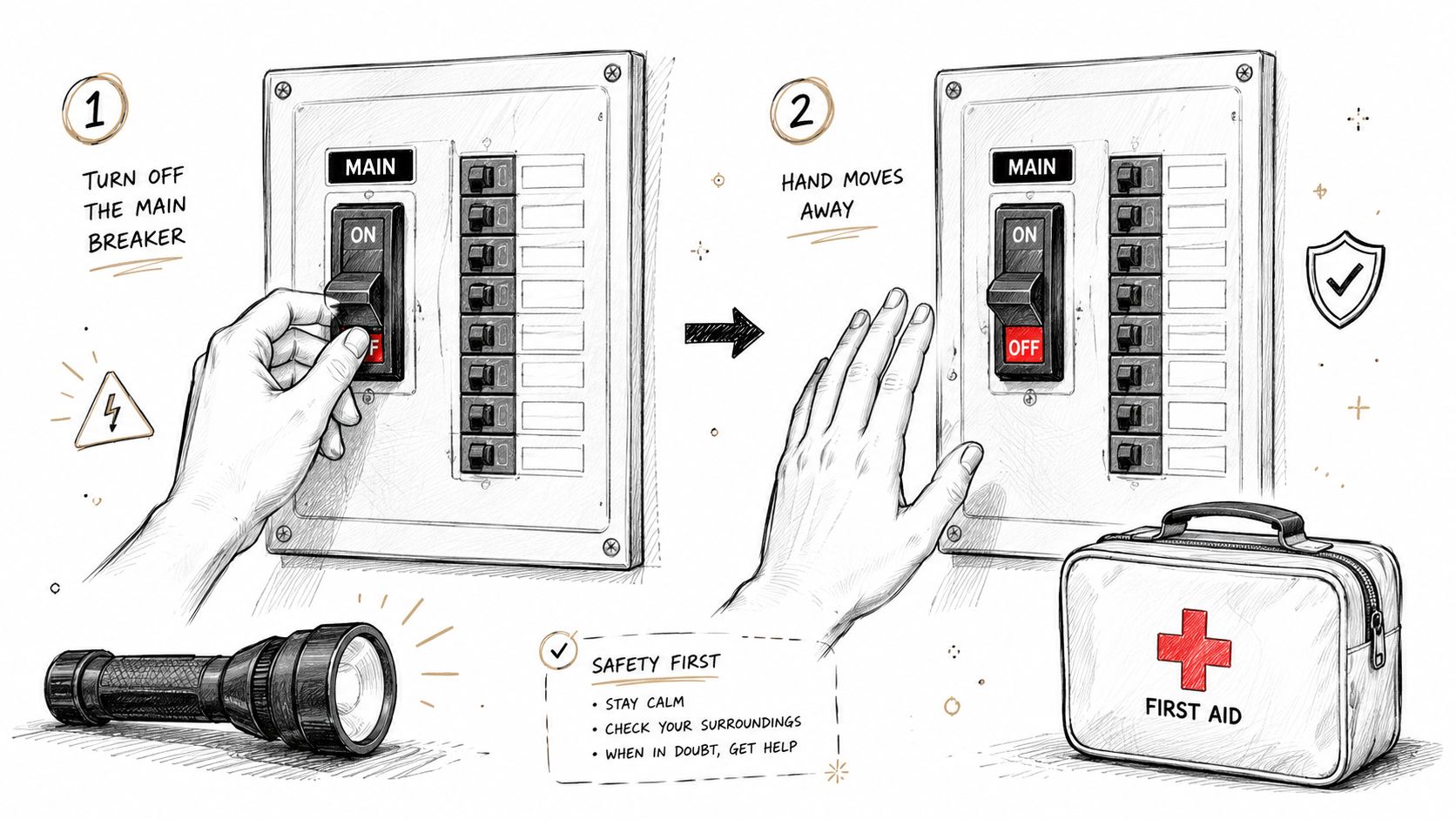 Illustration af sikker procedure for at slukke for hovedafbryderen under en elektrisk nødsituation i hjemmet.