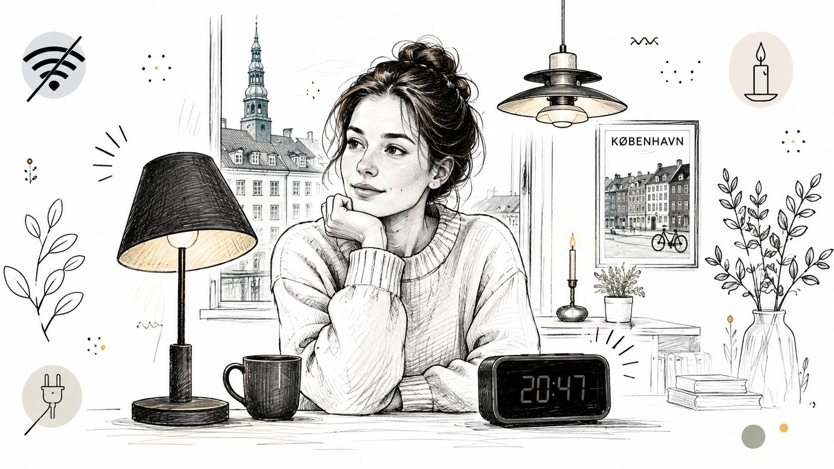 En kvinde sidder ved et skrivebord med en lampe og et digitalt ur i et københavnsk hjem.
