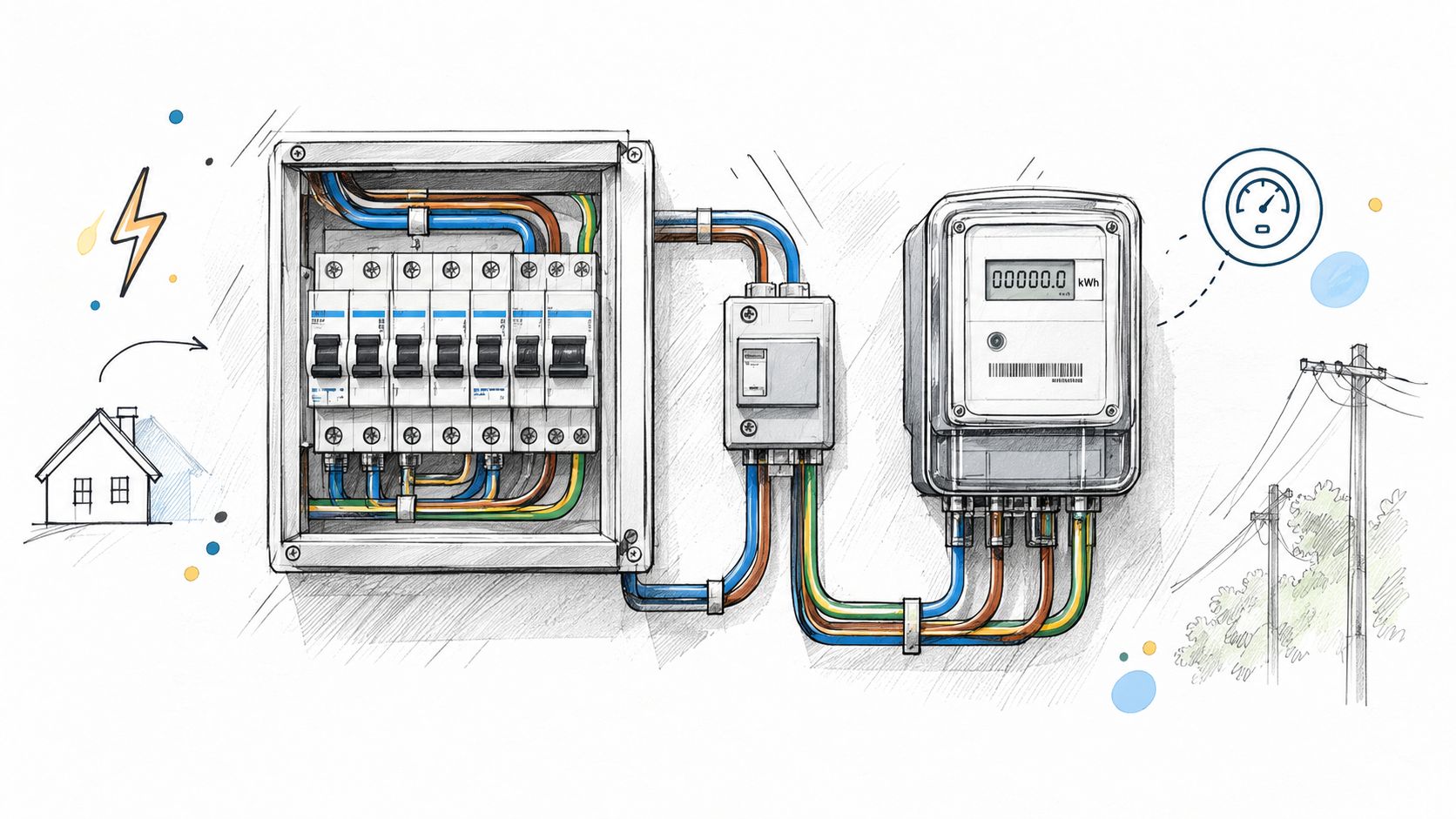 En illustration af et elektrisk sikringsanlæg forbundet til en elmåler og strømforsyning til en bolig.