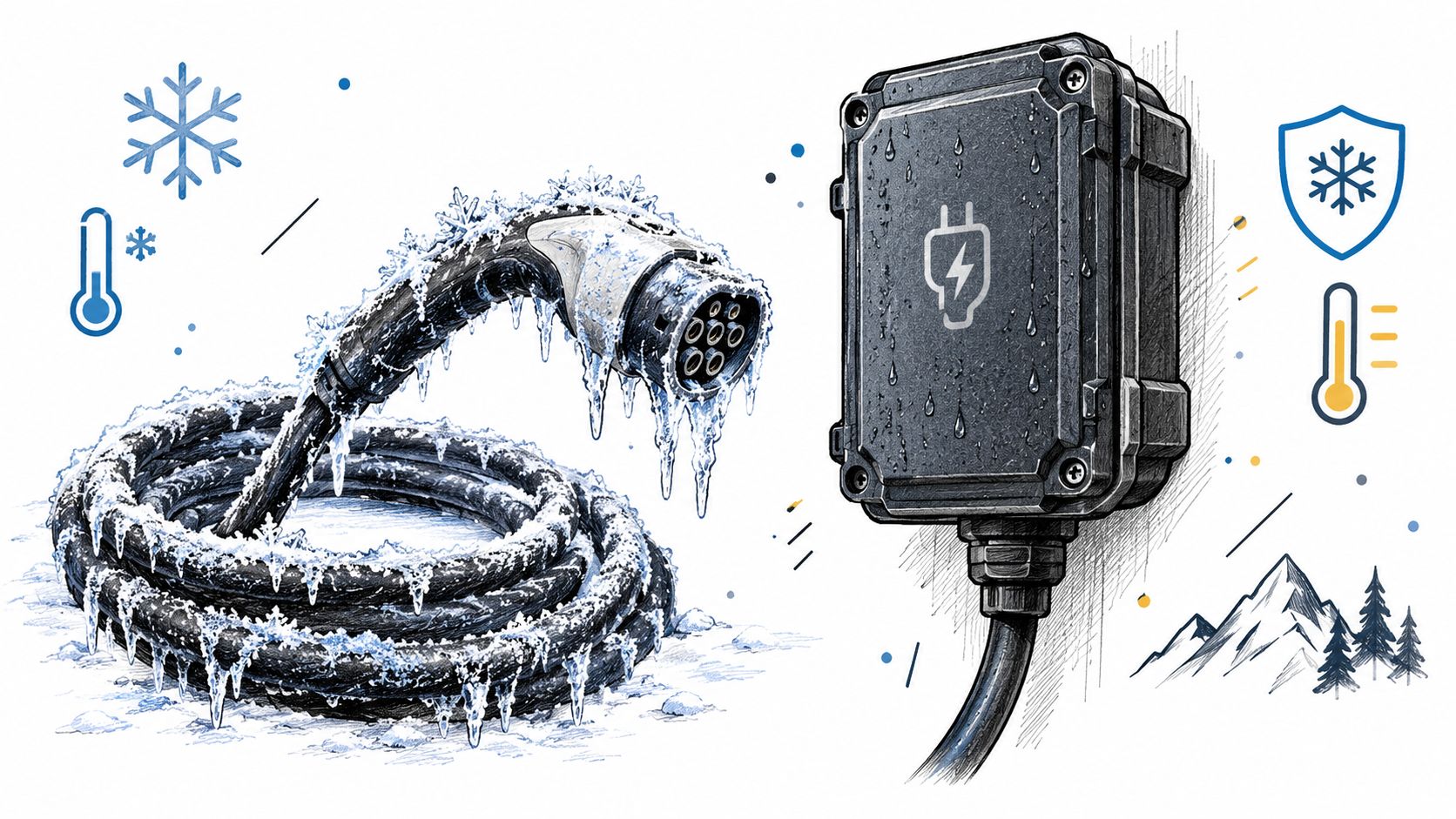 En elektrisk ladekabel og ladestation dækket af is og sne i et koldt vinterlandskab til elbiler.