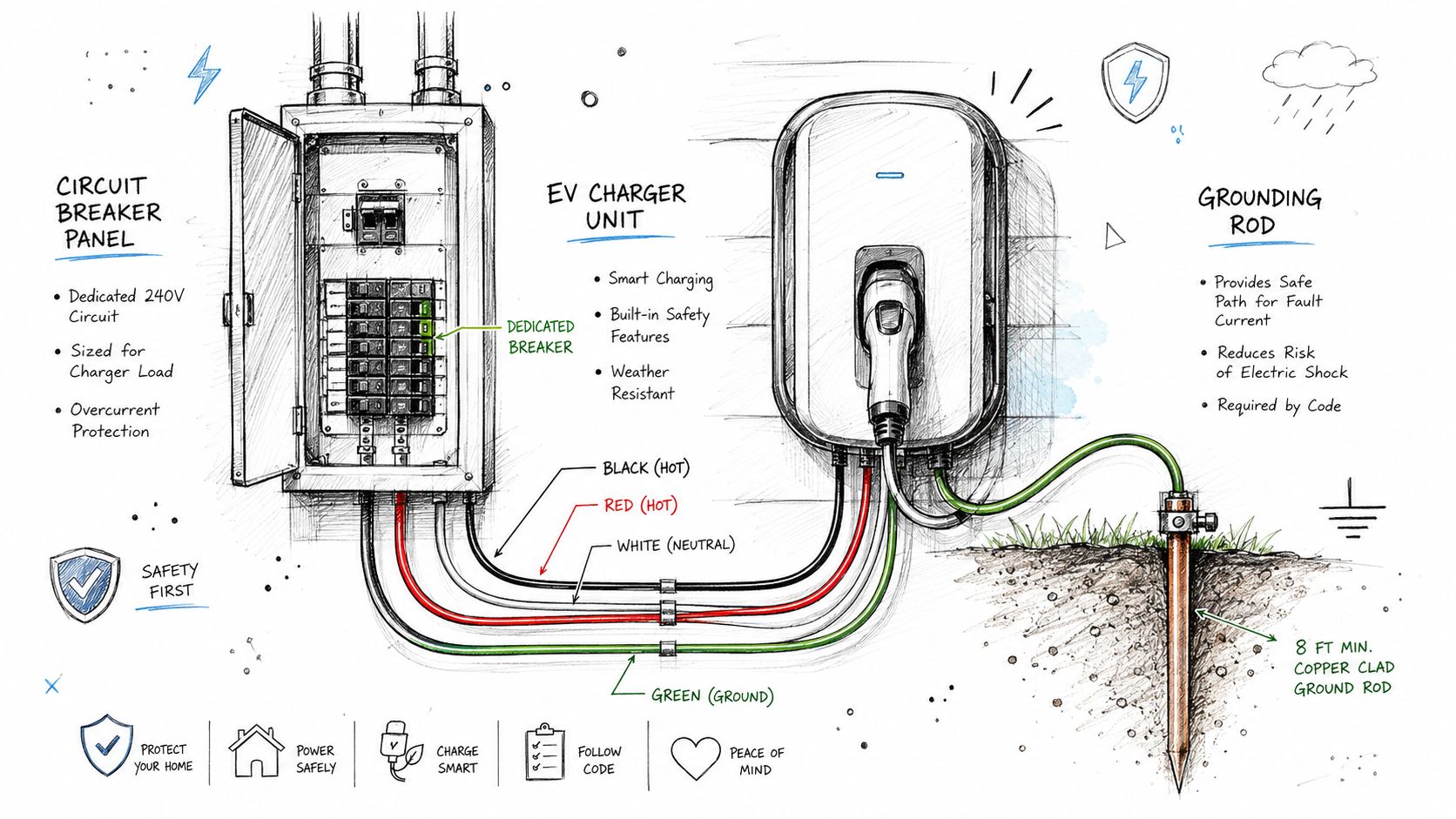 Illustration af installation af en ladestander til elbiler med tilhørende el-tavle, kabler og et jordspyd til sikkerhed.