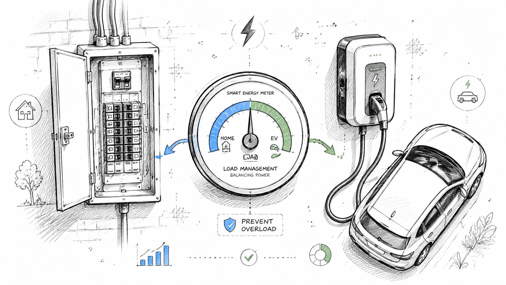 Illustration af en smart energimåler, der balancerer strømbelastningen mellem et hus og en elbil-ladestander.
